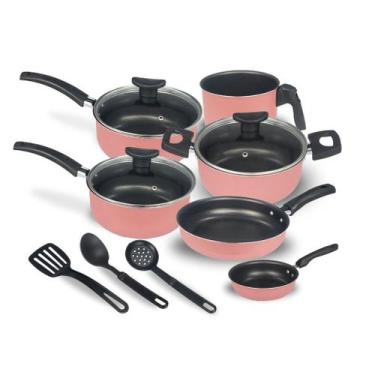 Imagem de Jogo de Panelas Kit 9 Pçs Antiaderente Tampa Vidro Teflon Cor:Rose - o