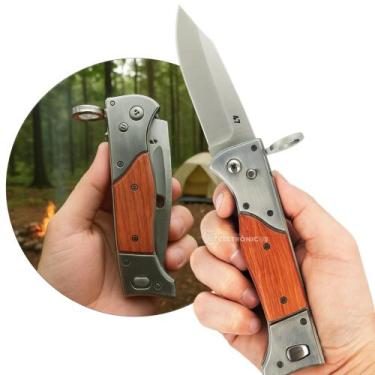 Imagem de Canivete Tático Automático em Aço Inox com Trava Segura e Cabo Madeira