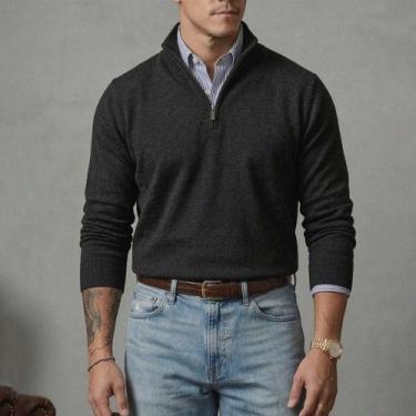 Imagem de Blusa Suéter Meio Zíper com Gola Alta Masculino Manga Longa Inverno Ou