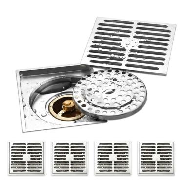 Imagem de Ralo 10x10 Kit 4 Uni Inox Lavabo Banheiro Cozinha Quintal Anti Odor Anti Inseto Rapido Escoamento Seguro Resistente