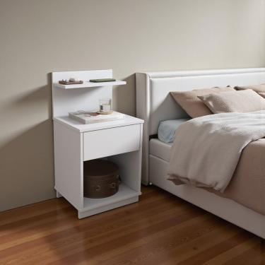 Imagem de Mesa de Cabeceira Mavie 1 Gaveta MDP Moderno Branco Funcional com 2 Prateleiras para Quarto