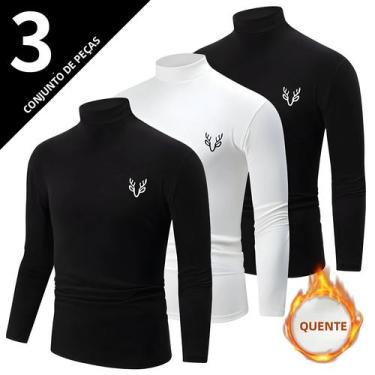 Imagem de Camiseta Térmica Masculina Branca De Manga Longa Com Gola Alta Casual 