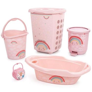 Imagem de Kit Bebê Arco-Íris 5 Peças Banheira 21L Cesto 38L Balde E Lixeira + Po