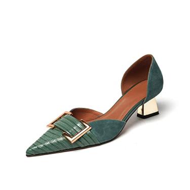 Imagem de TinaCus Sapato feminino de bico fino feito à mão com fivela de couro genuíno/camurça sem cadarço salto baixo, Verde, 5.5