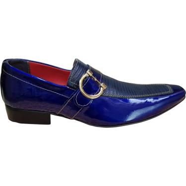 Imagem de Sapato Masculino Cano Baixo Couro Azul Verniz com Azul Corrugado Ref: 641