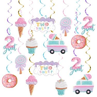 Imagem de 20 peças, duas decorações de redemoinho de suspensão, sorvete e donut, serpentinas suspensas para festas de sorvete/donut para chá de bebê, aniversário de bebê, decoração de sorvete/donut