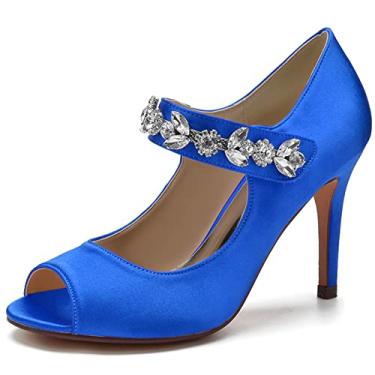 Imagem de Sapatos de casamento de noiva de cetim feminino escarpins peep toe com strass salto agulha alto marfim sapatos sociais 35-43,Blue,2 UK/35 EU