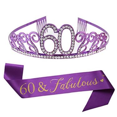 Imagem de Tiara de aniversário roxa de 60 anos e faixa roxa com glitter faixa de cristal com strass coroa para decoração de festa de aniversário de 60 anos