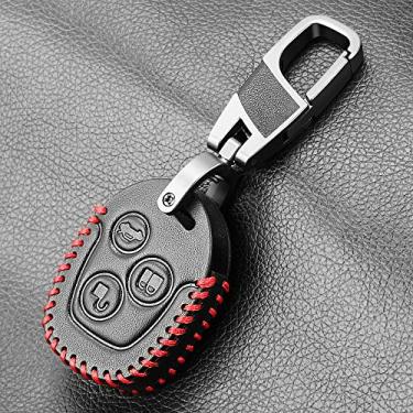 Imagem de YJADHU Capa de chave de carro de couro 3 botões remoto chave shell capa de chave de carro, apto para Ford Mondeo Focus Transit