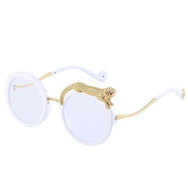 Imagem de Óculos de sol redondos femininos retrô leopardo óculos de sol para senhoras anti-luz azul óculos vintage, c10 ouro branco, com a caixa