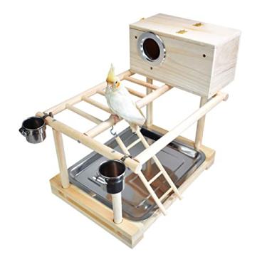 Imagem de Pássaros papagaios, parquinho, madeira natural, suporte para brincar de pássaros, academia, parquinho, escalar escada com periquito, caixa de ninhos centro de exercícios para periquitos, calopsitas de conure, (médio)