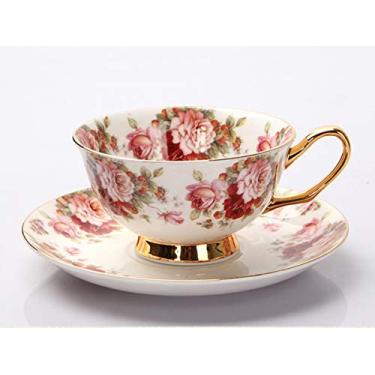 Imagem de Conjunto de xícaras de chá e pires de porcelana e xícara de café de flor rosa conjunto de xícaras de café femininas vintage de cerâmica 170 g (banzhifendai)