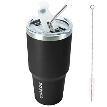 Imagem de BJPKPK Copo térmico de aço inoxidável de 890 ml com tampa e canudo. Caneca de café para viagem, copo térmico de metal reutilizável, preto