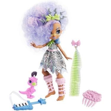 Imagem de Mattel Cave Club Bashley Doll 10 polegadas, Lavanda Cabelo Poseable Boneca de Moda Pré-Histórica com Dinossauro Animal de Estimação e Acessórios, Pres
