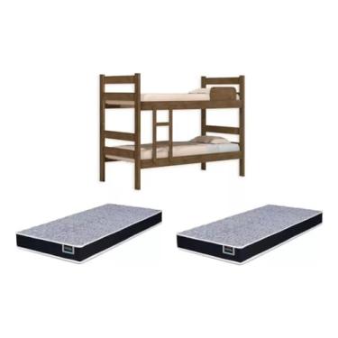 Imagem de Kit Beliche De Solteiro Marrom com Escada + 2 Colchão Solteiro Espuma D28 Bp