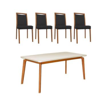 Imagem de Mesa Jantar Jade 160x90cm Off White Com 4 Cadeiras Estofadas Couro Pu Preta Base Madeira Maciça Mel