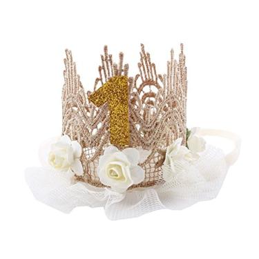 Imagem de June Bloomy Tiara de princesa para 1º aniversário com coroa de flores de rosas de renda dourada, Marfim