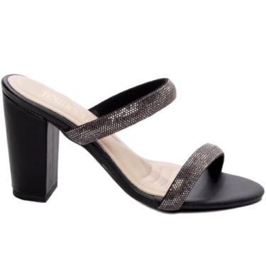 Imagem de Torricella, Sandália Tamanco Feminino Salto Alto Grosso Bloco com Strass 9,5cm Torricella Cor:Preto;Tamanho:36