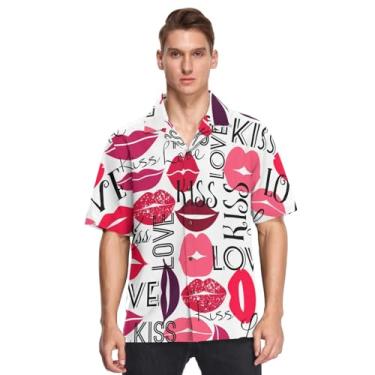 Imagem de GuoChe Camisa havaiana abotoada manga curta dia dos namorados beijos lábios vermelhos rabiscos amor moda urbana camisas manga corta para, Valentines Kisses Lips Red Doodles Love, P