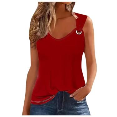 Imagem de Camiseta regata feminina de verão 2024, casual, gola V, sem mangas, alças anel, ajuste solto, camisetas básicas para treino, Ofertas relâmpago vermelho, G