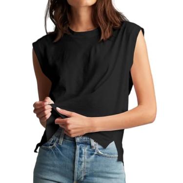 Imagem de Tankaneo Regatas femininas sem mangas 2024 camisetas de verão gola redonda sólida camisetas básicas, Preto, P