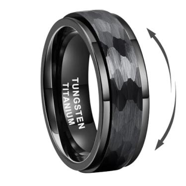 Imagem de TUTISS Anéis Fidget de Titânio de Tungstênio Giratório Prata/Preto/Dourado de 8 mm para Homens Mulheres Ansiedade Liberado Design Martelado Aliança de Casamento Bordas Degrau Ajuste Confortável, Metal