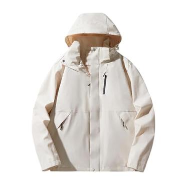 Imagem de Jaqueta masculina leve corta-vento Rip Stop capa de chuva casaco com capuz gola cor sólida, Cáqui, M