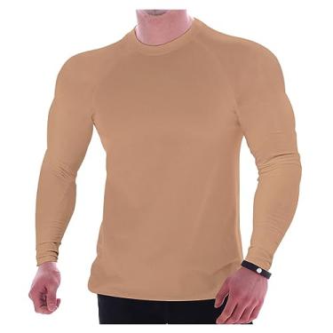 Imagem de Camiseta masculina de manga comprida multicolorida respirável com gola redonda elástica com absorção de umidade, Cáqui, XXG