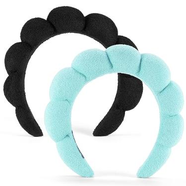 Imagem de Bandanas de spa para lavar o rosto ou facial, conjunto de 2 faixas de cabelo para cuidados com a pele, faixa de cabeça de tecido felpudo, faixa de cabeça para lavagem de rosto, máscara e tratamento da pele (preto e turquesa)