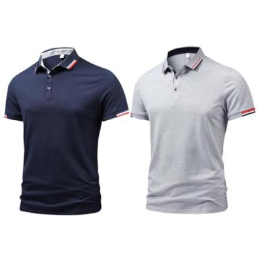 Imagem de Conjunto de 3 peças/2 peças camiseta masculina com base de lapela executiva camiseta de golfe slim fit manga curta camisa polo casual, Azul + cinza, XXG
