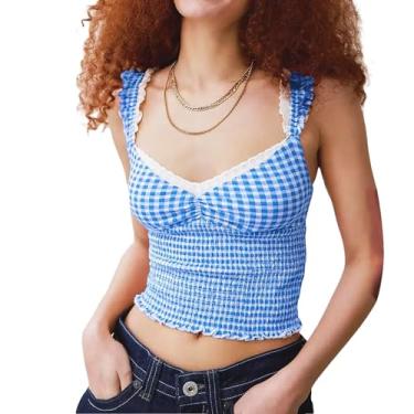 Imagem de Regata feminina cropped casual verão estampa xadrez decote em V colete básico sem mangas para streetwear, Azul, P
