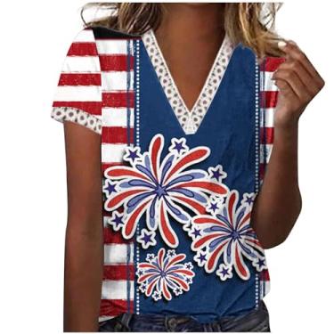 Imagem de MaMiDay Camiseta feminina com bandeira americana, gola V, patchwork, patriótica, blusas de verão de manga curta 2024, A02#azul, 3G