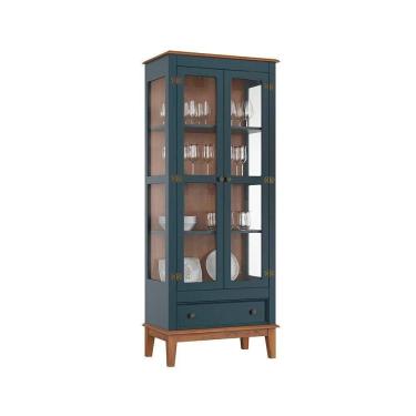 Imagem de Cristaleira De Madeira Maciça 2 Portas + 1 Gaveta Azul Petróleo - Fundo Amêndoa