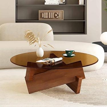 Imagem de Mesa de centro redonda de vidro espesso, mesa de coquetel, mesa de centro moderna de meados do século, mesa de canto abstrata com base de madeira, para sala de estar