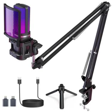 Imagem de ZealSound Microfone USB para jogos, microfone condensador com cancelamento de ruído, microfone RGB com mudo, ganho, monitoramento, braço de lança, filtro pop para telefone, PC, computador, PS4, PS5