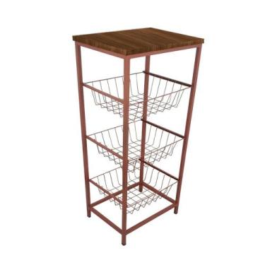 Imagem de Fruteira De Cozinha De Chão Montreal Em Aço E Mdf 3 Cestos Cobre e Vil