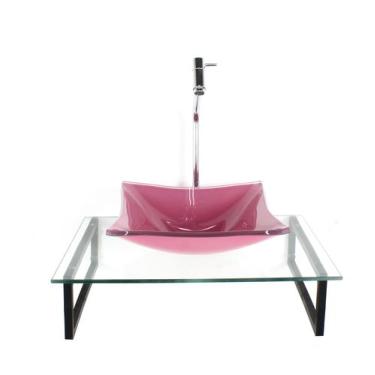 Imagem de Kit cuba de vidro quadrada 10mm rosa com tampo 50cm incolor e suporte 