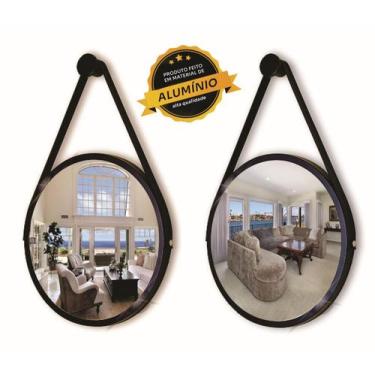Imagem de Kit 2 Espelhos Redondo Decorativo Suspenso Alça 60cm + suporte Preto A