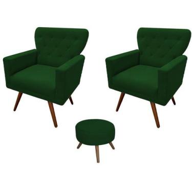 Imagem de Kit 2 Poltronas Decorativa Aurora + 1 Puff Redondo Suede Verde Pés Mad