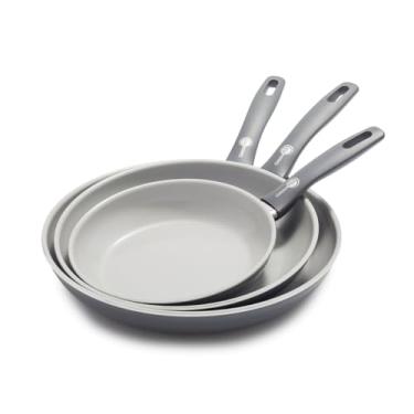 Imagem de GreenPan Dover Healthy Ceramic Antiaderente, 20.3 cm, 25.4 cm 30.5 cm, conjunto de frigideira, livre de PFAS, lavável na lava-louças, alça confortável, cinza