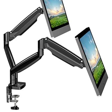Imagem de UPGRAVITY Suporte de mesa para monitor duplo para telas planas/curvas ultraamplas de 22 a 34 polegadas, braços duplos de monitor de mola a gás para 2 monitores com capacidade de até 14 kg, suporte de montagem VESA totalmente ajustável com grampo C/base de ilhós