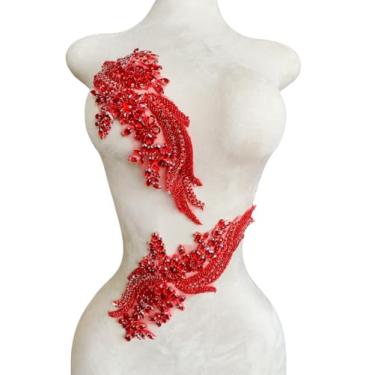 Imagem de 1 par de adesivos feitos à mão com contas de cristal corpete de renda DIY apliques acessório para roupas sociais 35 x 12 cm (vermelho)