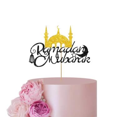 Imagem de Gold Ramadan Mubarak Cake Topper for Ramadan Party Decor,Castle Happy Eid Cake Topper, Black Glitter Eid Mubarak/Festival Anniversary Ramadan Party Decorations