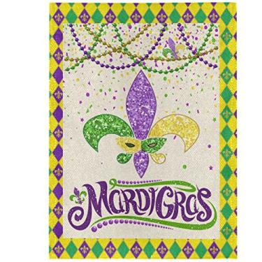 Imagem de Bandeira de jardim de serapilheira de carnaval 30,5 x 45,7 cm, decorações de festa de baile de máscaras ao ar livre, bandeiras de casa de jardim, flor-de-lis, dourada, verde, roxo, búfalo, xadrez,