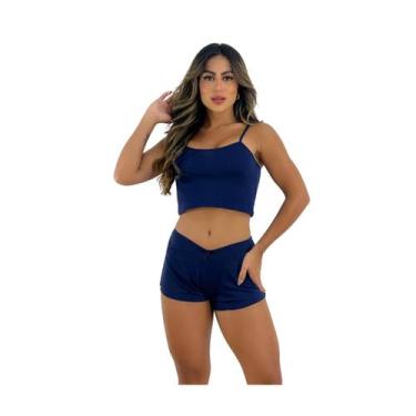Imagem de Short doll liso suede baby doll confortável pijama feminino Marinho - 