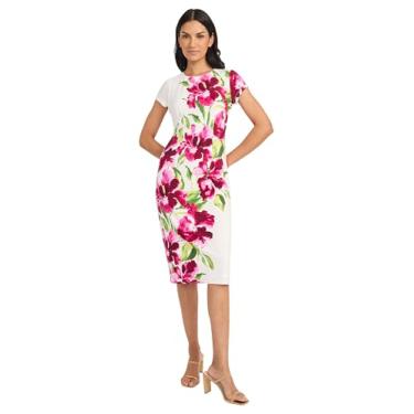 Imagem de Maggy London Vestido feminino elástico midi bainha cavada gola redonda - vestido de convidada de casamento, Branco macio/vinho, 40