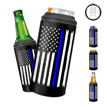 Imagem de winorax Police Gifts Copo 4 em 1 com linha azul fina refrigerador de latas bandeira dos EUA Academia de Polícia Presentes de formatura para homens, policiais, aposentadoria, aço inoxidável, 473 ml,