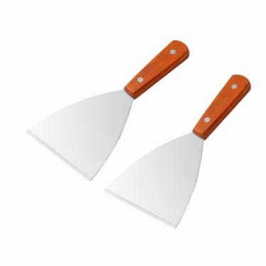 Imagem de UQUABESO Espátula raspadora de grelha de borda inclinada de aço inoxidável, cabo de madeira, grande, utensílios de grelha de lâmina reta plana para acampamento (pacote com 2)