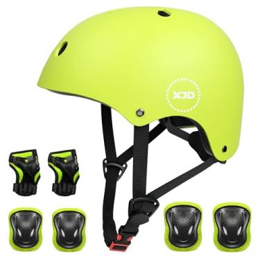 Imagem de Capacete infantil de motocicleta XJD 3 – 13 anos conjunto de equipamentos esportivos de proteção para meninos e meninas capacete ajustável para ciclismo infantil com joelheiras cotoveleiras protetores de pulso jovens capacete de skate CPSC certificado, Filho(a), Amarelo, M(8-13 Years Old)