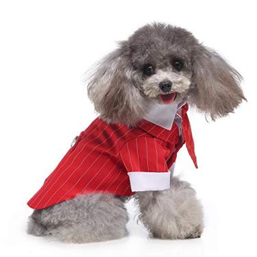 Imagem de Fantasia de cachorro vestido polo listrado traje de casamento para animais de estimação smoking formal com gravata borboleta vestido roupas de botão (vermelho G)